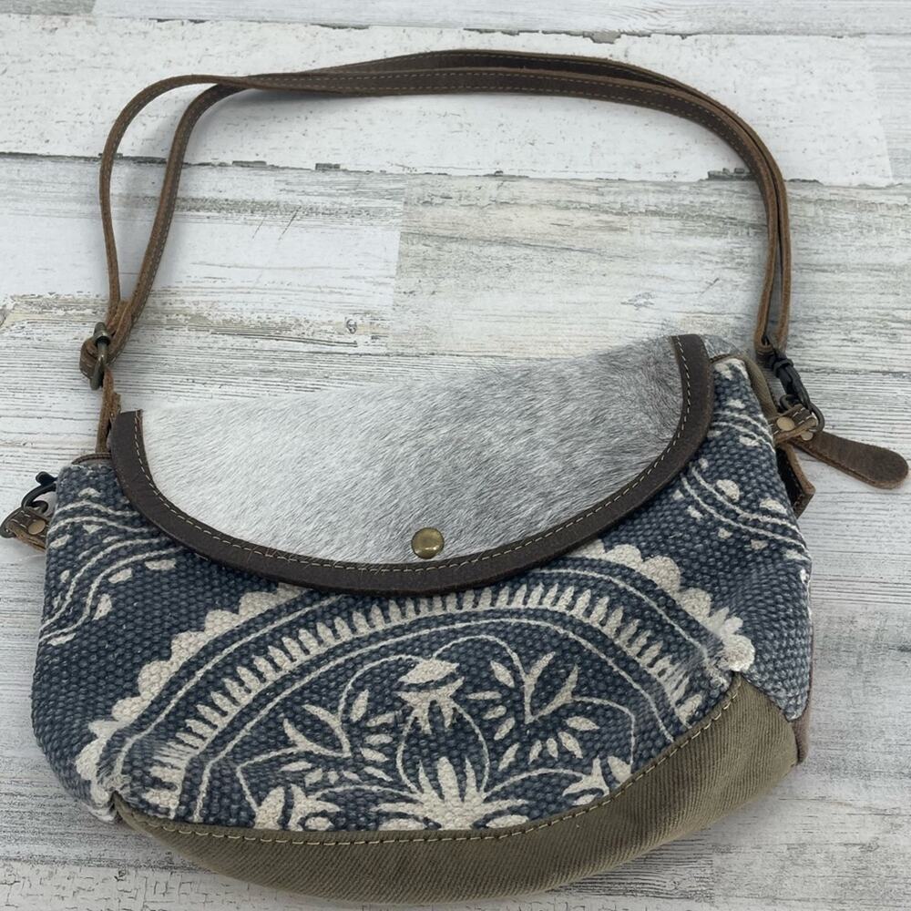Myra Bag Cowhide and Canvas Purse Adjustable Shoulder Strap